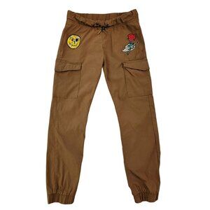 Ring Of Fire Boys Brown Cargo Jogger Pants With Smiley Face & Rose Patches Size
